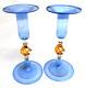 Vintage Bimini Glass Pair Candlestick Holder Blue & Amber Original Sticker 1930s