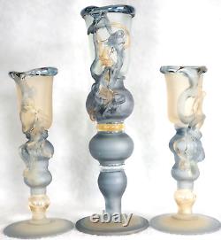 Vintage Blown Glass Art Studio Frosted Signed Filigree 3 Large Candle Holder 17