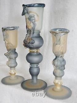 Vintage Blown Glass Art Studio Frosted Signed Filigree 3 Large Candle Holder 17