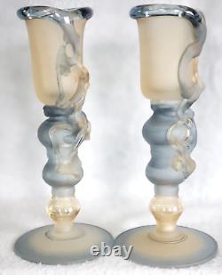 Vintage Blown Glass Art Studio Frosted Signed Filigree 3 Large Candle Holder 17