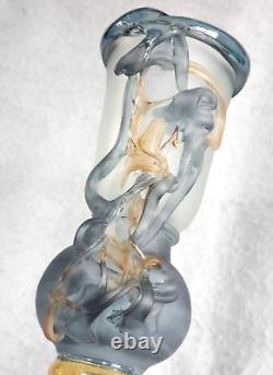 Vintage Blown Glass Art Studio Frosted Signed Filigree 3 Large Candle Holder 17