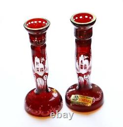 Vintage Bohemia Czechoslovakia Cranberry Candle Holders Crystal Glass Miniature