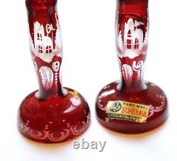 Vintage Bohemia Czechoslovakia Cranberry Candle Holders Crystal Glass Miniature