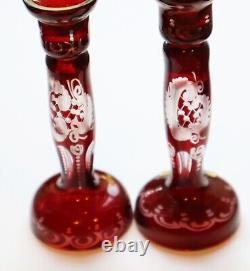 Vintage Bohemia Czechoslovakia Cranberry Candle Holders Crystal Glass Miniature