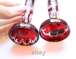 Vintage Bohemia Czechoslovakia Cranberry Candle Holders Crystal Glass Miniature