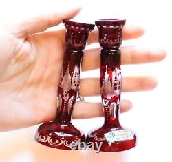 Vintage Bohemia Czechoslovakia Cranberry Candle Holders Crystal Glass Miniature