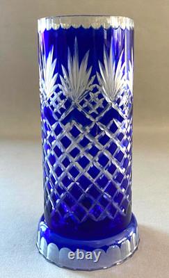Vintage Bohemian Crystal Cobalt Blue Cut to Clear Hurricane Glass Candle Holder
