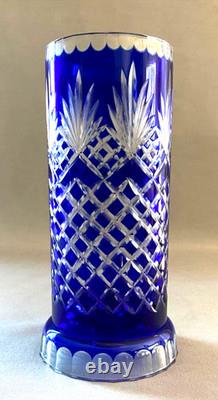 Vintage Bohemian Crystal Cobalt Blue Cut to Clear Hurricane Glass Candle Holder
