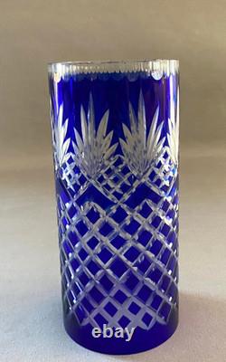 Vintage Bohemian Crystal Cobalt Blue Cut to Clear Hurricane Glass Candle Holder