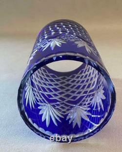 Vintage Bohemian Crystal Cobalt Blue Cut to Clear Hurricane Glass Candle Holder
