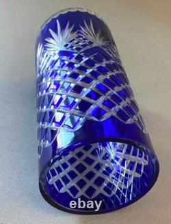 Vintage Bohemian Crystal Cobalt Blue Cut to Clear Hurricane Glass Candle Holder