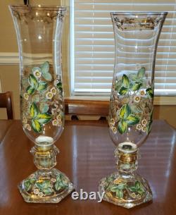 Vintage Bohemian or Czech Handpainted Glass Hurricane Candle Holder Set 16.5