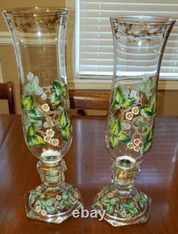 Vintage Bohemian or Czech Handpainted Glass Hurricane Candle Holder Set 16.5