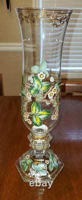 Vintage Bohemian or Czech Handpainted Glass Hurricane Candle Holder Set 16.5
