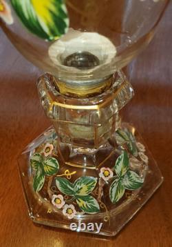 Vintage Bohemian or Czech Handpainted Glass Hurricane Candle Holder Set 16.5