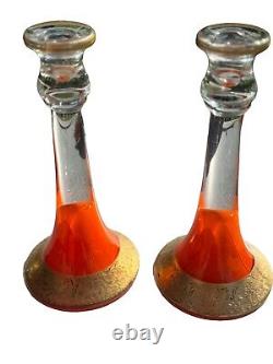 Vintage Boho Czech Art Glass Hand Blown Candlestick Holders, Orange with10 bowl