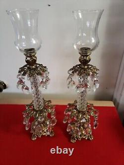 Vintage Brass And Crystal Decorative Candle And Globe Holders With Prisms