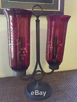 Vintage Brass Double Arm Spring Loaded Candle Holder Cranberry Glass Hurricanes