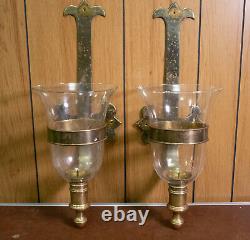 Vintage Brass & Glass Hurricane Candle Holders Chapman style Wall Mount Spanish