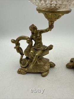 Vintage Brass and Glass 6 Candle Sticks Mythology Turtles Decor Beautiful