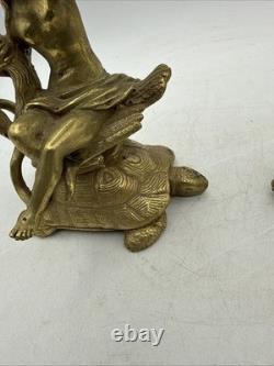 Vintage Brass and Glass 6 Candle Sticks Mythology Turtles Decor Beautiful
