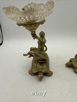 Vintage Brass and Glass 6 Candle Sticks Mythology Turtles Decor Beautiful