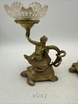 Vintage Brass and Glass 6 Candle Sticks Mythology Turtles Decor Beautiful