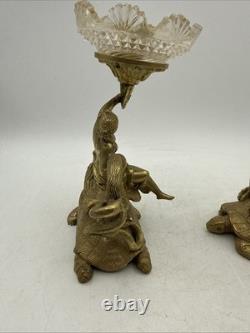 Vintage Brass and Glass 6 Candle Sticks Mythology Turtles Decor Beautiful
