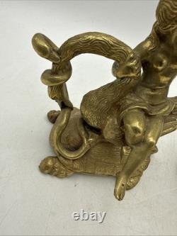 Vintage Brass and Glass 6 Candle Sticks Mythology Turtles Decor Beautiful