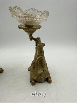Vintage Brass and Glass 6 Candle Sticks Mythology Turtles Decor Beautiful