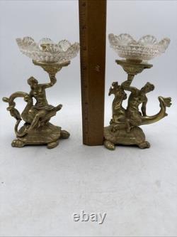 Vintage Brass and Glass 6 Candle Sticks Mythology Turtles Decor Beautiful