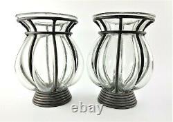 Vintage Caged Glass Hurricane Candle Holder Mellon / Glass in Metal Cage (2)