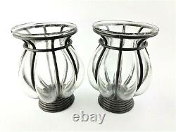 Vintage Caged Glass Hurricane Candle Holder Mellon / Glass in Metal Cage (2)