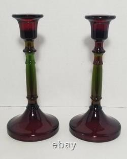 Vintage Cambridge Rubina Glass Candlesticks Pair Set Candle Holders Red/Green
