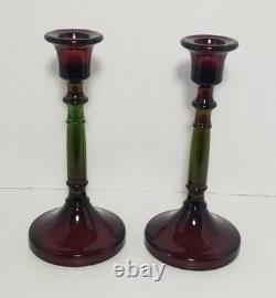 Vintage Cambridge Rubina Glass Candlesticks Pair Set Candle Holders Red/Green