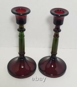 Vintage Cambridge Rubina Glass Candlesticks Pair Set Candle Holders Red/Green