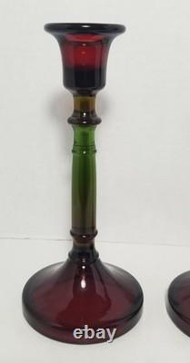 Vintage Cambridge Rubina Glass Candlesticks Pair Set Candle Holders Red/Green