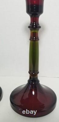 Vintage Cambridge Rubina Glass Candlesticks Pair Set Candle Holders Red/Green