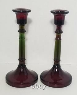 Vintage Cambridge Rubina Glass Candlesticks Pair Set Candle Holders Red/Green