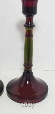 Vintage Cambridge Rubina Glass Candlesticks Pair Set Candle Holders Red/Green