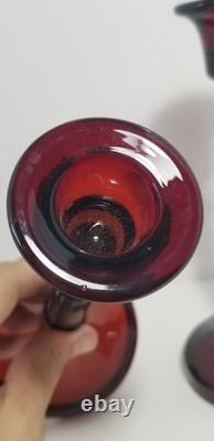 Vintage Cambridge Rubina Glass Candlesticks Pair Set Candle Holders Red/Green
