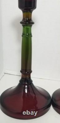 Vintage Cambridge Rubina Glass Candlesticks Pair Set Candle Holders Red/Green