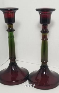 Vintage Cambridge Rubina Glass Candlesticks Pair Set Candle Holders Red/Green