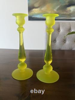 Vintage Canary Yellow Satin Tiffin Glass Vaseline Glass Candlestick Holders Set