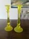 Vintage Canary Yellow Satin Tiffin Glass Vaseline Glass Candlestick Holders Set