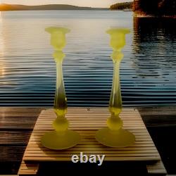 Vintage Canary Yellow Satin Tiffin Glass Vaseline Glass Candlestick Holders Set