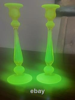 Vintage Canary Yellow Satin Tiffin Glass Vaseline Glass Candlestick Holders Set