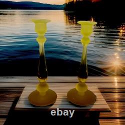 Vintage Canary Yellow Satin Tiffin Glass Vaseline Glass Candlestick Holders Set