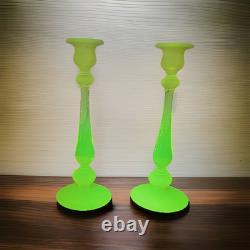 Vintage Canary Yellow Satin Tiffin Glass Vaseline Glass Candlestick Holders Set