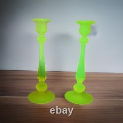 Vintage Canary Yellow Satin Tiffin Glass Vaseline Glass Candlestick Holders Set